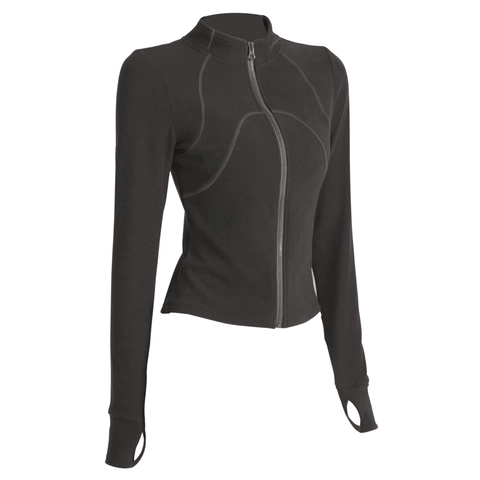 Chaqueta de Yoga Ajustada para Mujer Cuello Alto Cremallera Completa Top de Running Sudadera Deportiva Con Orificios Pulgar Fitness