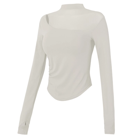 Dames Gevoerde Yoga Top Mesh Lange Mouwen Sport T-shirt Met Duimgaten Open Schouder Pilates Fitness Gym Workout