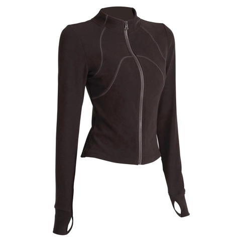 Chaqueta de Yoga Ajustada para Mujer Cuello Alto Cremallera Completa Top de Running Sudadera Deportiva Con Orificios Pulgar Fitness