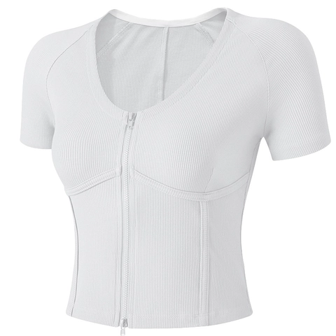 Camiseta de Yoga Ajustada Acanalada para Mujer con Cremallera Frontal Crop Top de Manga Corta Ropa Deportiva para Correr Fitness