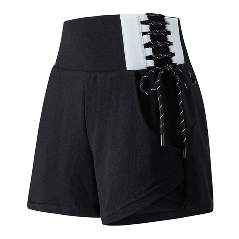 Pantalones Cortos Deportivos Mujer Cintura Alta Holgados Cordón Gimnasio Correr Color de Contraste Pantalones Cortos de Mezcla Algodón