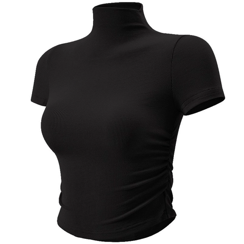 Dames Slim Fit Mock Neck Korte Mouw Yoga Top Zijrimpeling Geribbeld Gebreid Sport Hardlopen Fitness T-shirt