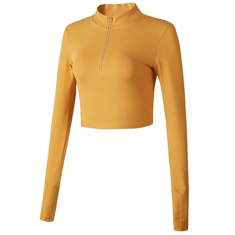Maglia da Yoga da Donna con Mezza Zip a Manica Lunga Taglio Corto Slim Fit T-shirt Sportiva con Asole per il Pollice Nylon Spandex