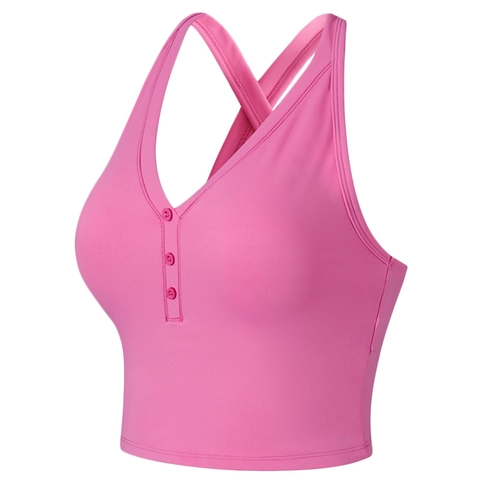 Women V Neck Sports Bra Button Decor Wireless Cross Back Yoga Vest Activewear Padded Fitness Top Solid Color Nylon