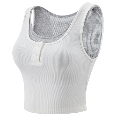 Damen Gefälschtes Zweiteiliges Geripptes Crop Top Mit Knöpfen Slim Fit Yoga Fitness Tanktop Atmungsaktive Ärmellose Sportbekleidung