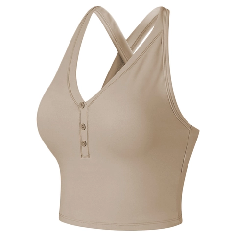 Women V Neck Sports Bra Button Decor Wireless Cross Back Yoga Vest Activewear Padded Fitness Top Solid Color Nylon