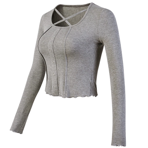 Damen Slim Fit Rippenstrick Langarm Top Kreuzkragen Knopfleiste Rollsaum Yoga Fitness Laufen Training Workout Shirt