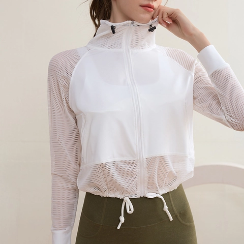 Chaqueta Deportiva de Malla para Mujer Transpirable Secado Rápido Top de Running Yoga Holgado de Manga Larga con Cremallera Abrigo de Entrenamiento al Aire Libre