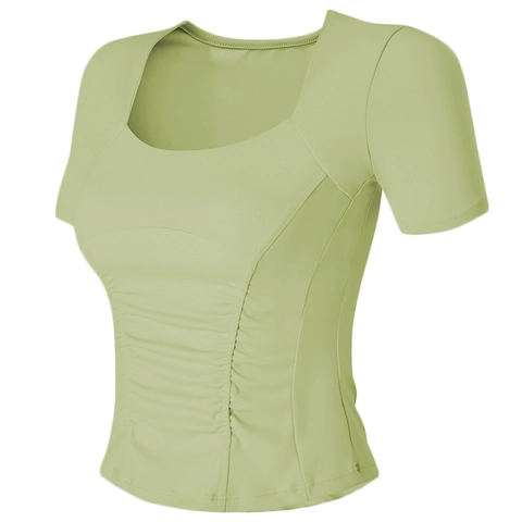 Women's Square Neck Short Sleeve Yoga Sports Top With Built-in Bra Ruched Slim Fit Breathable Fitness Running Workout T-Shirt