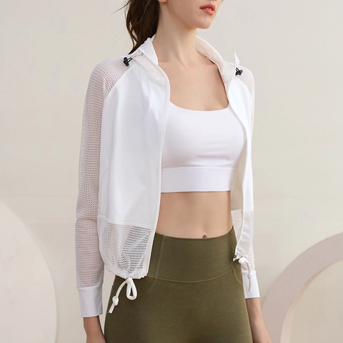 Chaqueta Deportiva de Malla para Mujer Transpirable Secado Rápido Top de Running Yoga Holgado de Manga Larga con Cremallera Abrigo de Entrenamiento al Aire Libre