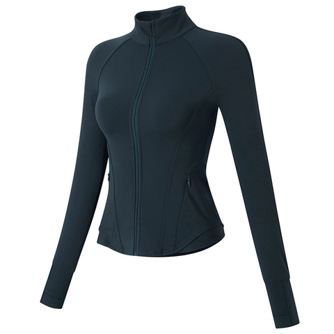 Damen Slim Fit Sportjacke Full Zip Yoga Running Top Mit Daumenlöchern Stehkragen Feuchtigkeitstransportierend Sportliche Oberbekleidung