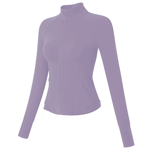 Damen Slim Fit Sportjacke Full Zip Yoga Running Top Mit Daumenlöchern Stehkragen Feuchtigkeitstransportierend Sportliche Oberbekleidung