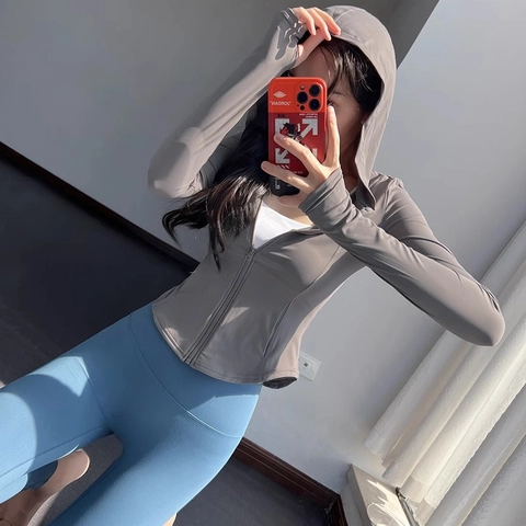 Women's Slim Fit Hooded Yoga Jacket Full Zip Up Sports Running Top With Thumbholes High Stretch Fitness Activewear Coat