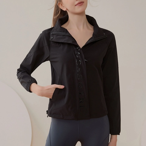 Women's Sporty Black Windbreaker Jacket Stand Collar Long Sleeve Running Top Adjustable Drawstring Hem Outdoor Yoga Gear