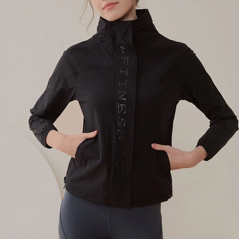 Women's Sporty Black Windbreaker Jacket Stand Collar Long Sleeve Running Top Adjustable Drawstring Hem Outdoor Yoga Gear