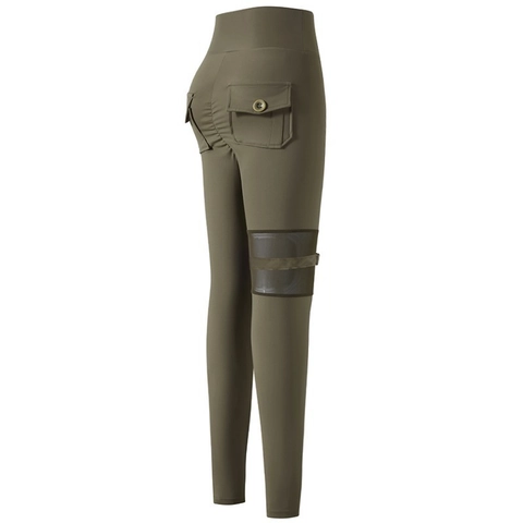 Pantaloni de Yoga Cargo de Cintura Alta para Mujer Empalme de Malla Leggings de Levantamiento de Glúteos con Bolsillos Deporte Fitness