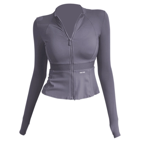 Women Slim Fit Yoga Jacket Full Zipper Long Sleeve Sports Running Workout Top With Thumbholes Ribbed Waist Athletic Jacket