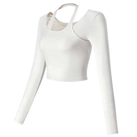 Damen Sexy Neckholder Langarm Yoga Top Geripptes Crop Top Mit Brustpolstern Slim Fit Feuchtigkeitstransportierend Sport Fitness Shirt