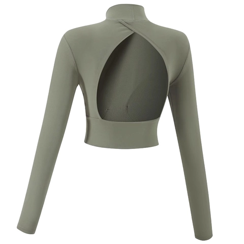 Dames Yoga Top Met Hoge Hals Lange Mouw Crop Top Met Rugopening En Borstkussens Slim Fit Atletisch Sportshirt