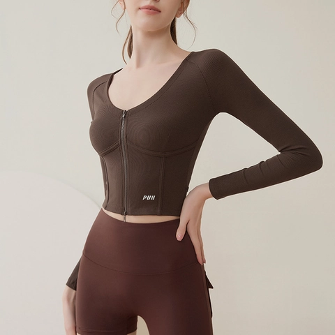 Damen Yoga Oberteil Mit Doppelreißverschluss V-Ausschnitt Langarm Rippstrick Slim Fit Sportshirt Für Fitness