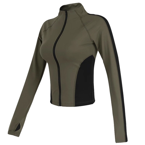 Chaqueta Deportiva Ajustada para Mujer Cuello Alto Cremallera Top de Yoga Manga Larga Bloque de Color Con Agujeros para el Pulgar