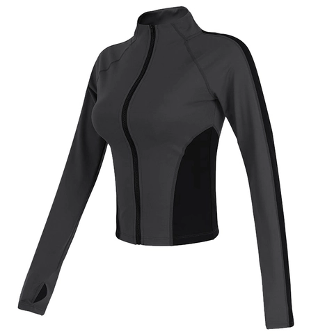 Chaqueta Deportiva Ajustada para Mujer Cuello Alto Cremallera Top de Yoga Manga Larga Bloque de Color Con Agujeros para el Pulgar