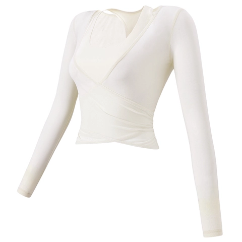 Women Slim Fit Yoga Long Sleeve Top Wrap Cross Design V Neck Sports T-Shirt Breathable Compression Workout Gym Fitness Shirt