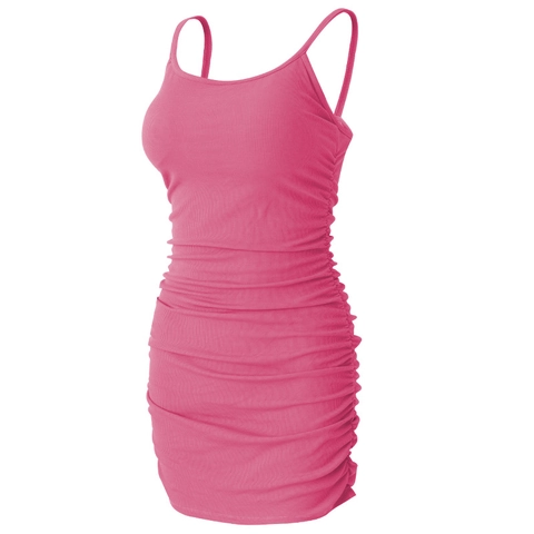 Vestito Mini Bodycon Arricciato da Donna Sexy a Costine con Spalline Sottili Slim Fit Nylon Spandex Fitness Yoga