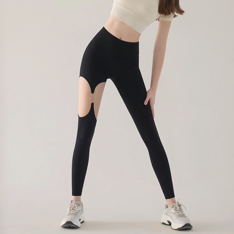 Damen Sexy Yogahosen Mit Ausschnitt Hohe Taille Po-Lifting Fitness Leggings Mit Metallschnalle Fitness-Tights