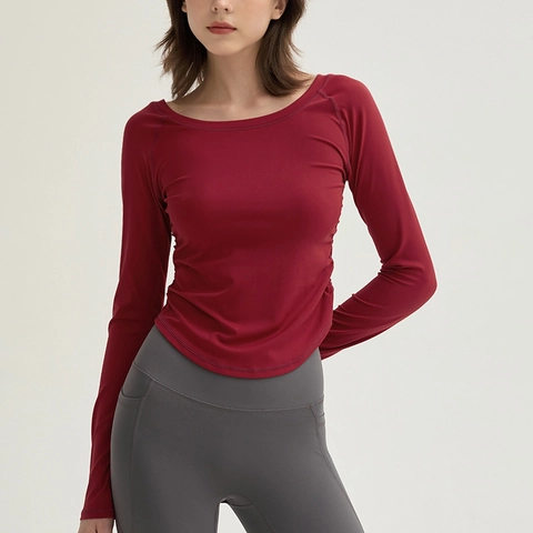 Dames Slim Fit Yoga Top met Lange Mouwen Ademend Zijgeplooid Sport T-Shirt Hoge Elasticiteit Elastaan Gym Fitness