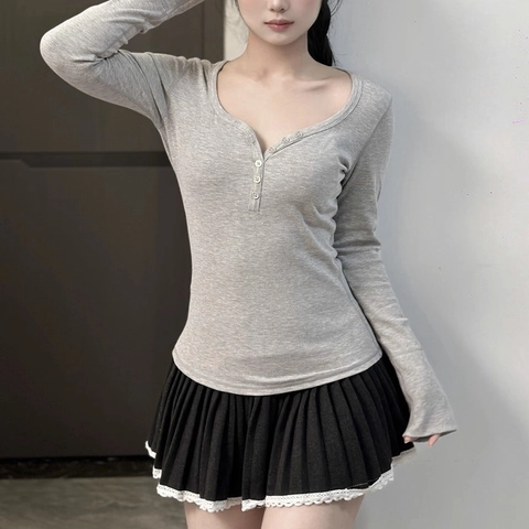 Maglietta Fitness da Donna Slim Fit a Manica Lunga Scollo a V Henley a Costine con Bottoni Workout Yoga Gym Casual Top