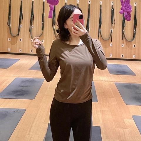 Top de Yoga Ajustado Acanalado para Mujer Manga Larga Camiseta de Entrenamiento Fruncida Lateral Transpirable Gimnasio Corsa