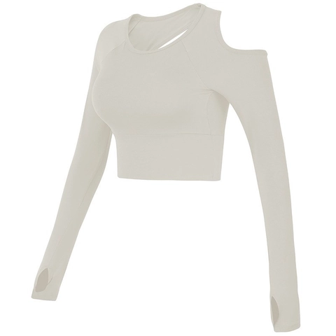 Damen Sexy Schulterfrei Yoga Oberteil Langarm Eingebaute Brustpolster Rücken Hohl Sport Crop Top Fitness Daumenlöcher