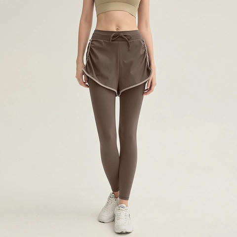 Pantalon de Yoga Style Superposé pour Femmes Taille Haute Séchage Rapide Leggings de Sport Cordon Entraînement Course Fitness Gym