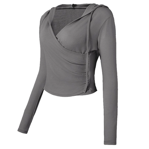 Donna Maglia da Yoga a Manica Lunga con Cappuccio Scollo a V Incrociato Slim Fit Corto Top da Palestra Pilates Corsa Sport