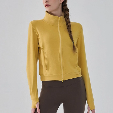 Women Stand Collar Sports Jacket Two-Way Zipper Thumbhole Cuffs Loose Activewear Hoodie For Yoga Running Fitness Gym