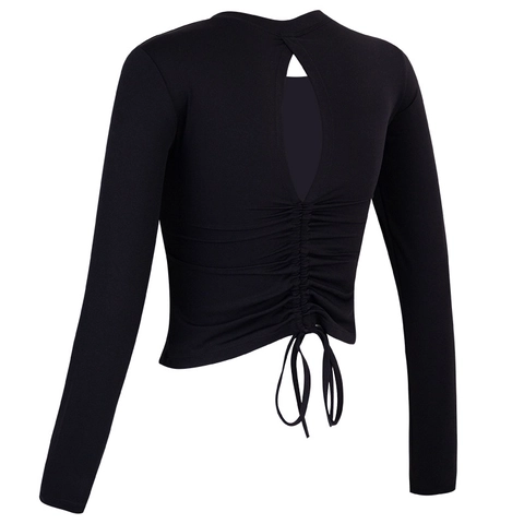 Women Long Sleeve Yoga Top Backless Ruched Gym Shirt Slim Fit Nylon Spandex Crop Top For Running Pilates Workout Sporty Top