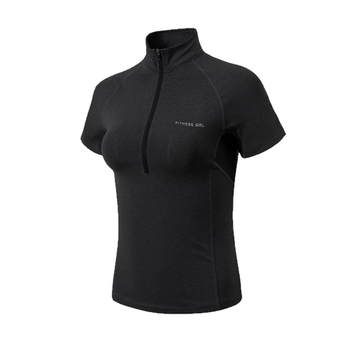 Maglietta Sportiva Donna Aderente Con Mezza Zip Collo Alto Manica Corta Top Allenamento Stampa Fitness Girl Yoga Gym Top