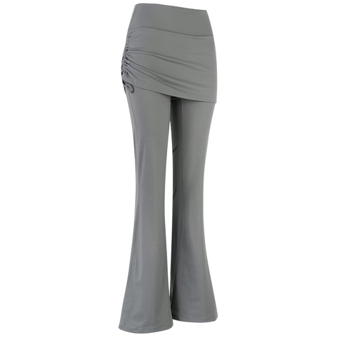 Women High Waist Ruched Drawstring Flare Skirt Leggings For Fitness Yoga Sporty Double Layer Bell Bottom Workout Activewear