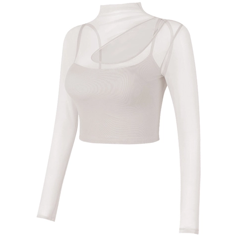 Women Slim Fit Mock Neck Long Sleeve Yoga Top Mesh Cutout Layered Fitness Gym Shirt With Chest Pad Moisture Wicking