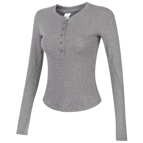 Women Long Sleeve Henley T-Shirt Ribbed Slim Fit Button Neck Sport Running Yoga Top Moisture Wicking Quick Dry Fitness Shirt