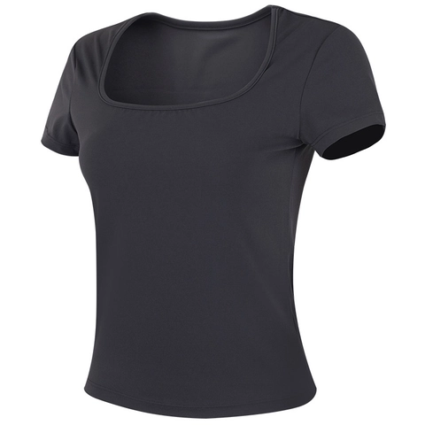 T-Shirt de Yoga Slim Fit pour Femmes Col Carré Français Manches Courtes Activewear Nylon Élasthanne Respirant Pilates Fitness Top
