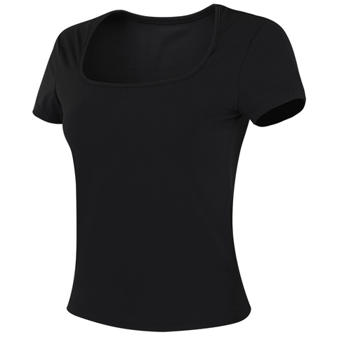 T-Shirt de Yoga Slim Fit pour Femmes Col Carré Français Manches Courtes Activewear Nylon Élasthanne Respirant Pilates Fitness Top
