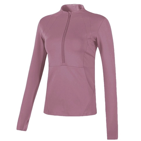 Damen Schlanke Passform Sport T-Shirt Mit Halbem Reißverschluss Atmungsaktiv Langarm Yoga Top Mit Daumenlöchern Fitness Laufbekleidung