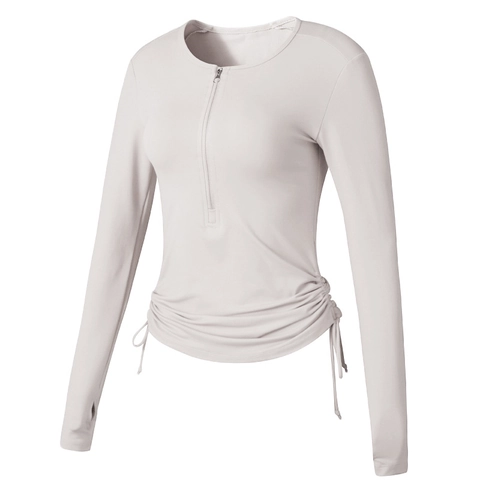 Maglietta Sportiva da Donna con Mezza Zip Asciugatura Rapida Taglio Aderente Top Yoga con Coulisse Laterale Fori per il Pollice Fitness Elastico Manica Lunga
