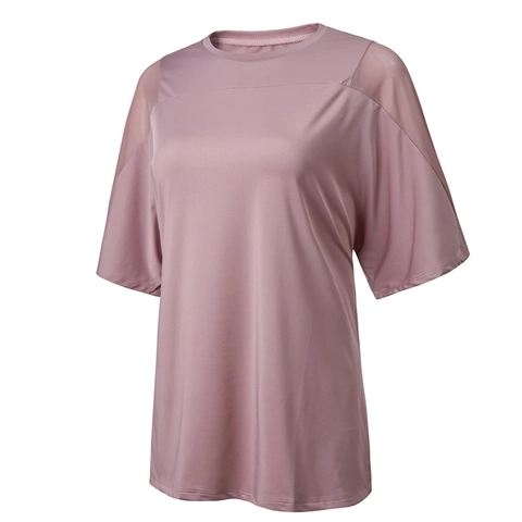 Camiseta de Yoga Suelta para Mujer Secado Rápido Empalme de Malla Manga Corta Top de Entrenamiento Transpirable Fitness