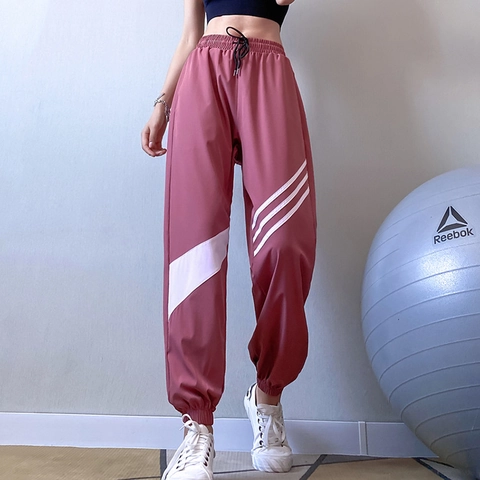 Pantalón de Chándal Mujer Secado Rápido Cintura Alta Jogger Yoga Cordón Dobladillo con Bündchen Rayas Bloques de Color
