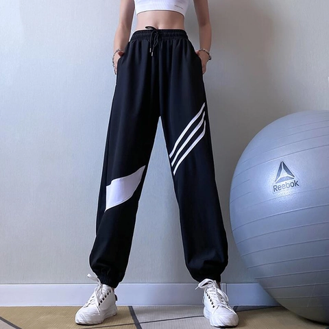 Pantalón de Chándal Mujer Secado Rápido Cintura Alta Jogger Yoga Cordón Dobladillo con Bündchen Rayas Bloques de Color
