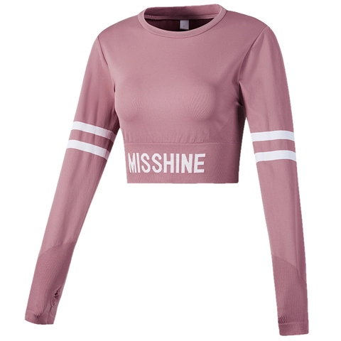 Camiseta Crop Top Yoga para Mujer Manga Larga Ajustada Orificios Pulgares Estampado Letras Rayas Contraste Transpirable Fitness