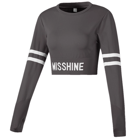 Camiseta Crop Top Yoga para Mujer Manga Larga Ajustada Orificios Pulgares Estampado Letras Rayas Contraste Transpirable Fitness